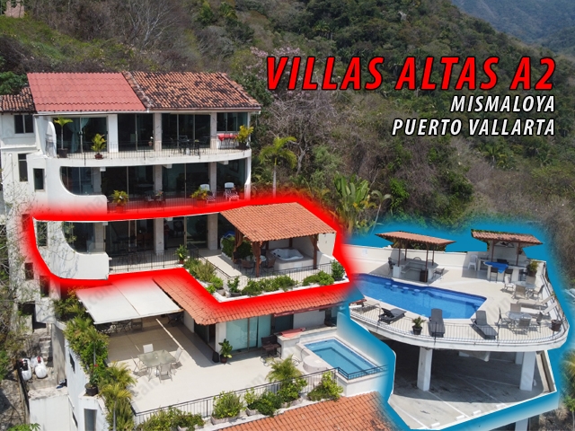 Este impresionante VILLAS ALTAS MISMALOYA PH A2 tiene 2 recámaras, 3 baños ubicados en un nivel con más de 2,123.28 pies cuadrados. La recámara principal cuenta con aire acondicionado, baño completo con jacuzzi, walking closet, ventilador de techo y amplia terraza cubierta con jacuzzi. piscina con vista a la piscina y la bahía de Mismaloya. El segundo dormitorio cuenta con 2 camas dobles, aire acondicionado, baño completo, ventiladores de techo y armario.

Impresionantes vistas de la bahía y la playa de Mismaloya desde el bar exterior y el área de b-b-q. Las habitaciones parecen fluir cuando la cocina del chef da a la mesa del comedor. Los electrodomésticos de alta gama incluyen una estufa gourmet de acero inoxidable y un refrigerador de acero inoxidable de doble ancho. Las encimeras se eligen especialmente hermosas encimeras de granito con una gran variación de colores, todas ellas están especialmente diseñadas para cada cocina o baño.
