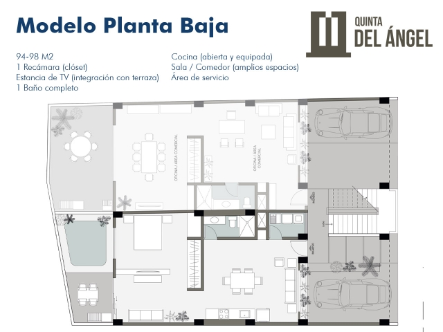 QUINTA DEL ANGEL

Preventa de Condominios en colonia Independencia, Puerto Vallarta

Modelo Planta Baja


	94-98 M2
	1 Recámara (clóset)
	Estancia de TV (integración con terraza)
	1 Baño completo
	Cocina (abierta y equipada)
	Sala / Comedor (amplios espacios)
	Área de servicio


Ofrecemos 2 únicos modelos de 1 recamara con pato trasero en planta baja y 3 niveles de condominios de 2 recamaras y 2 baños y 1 Penthouse, solo 9 unidades en la torre.

La torre contara con una terraza de uso comun, ademas de 3 espacios de estacionamiento con porton electrico.

 
