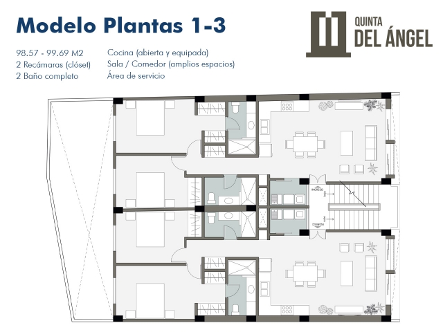 QUINTA DEL ANGEL

Preventa de Condominios en colonia Independencia, Puerto Vallarta

Modelo Plantas 1-3


	98.57 - 99.69 M2
	2 Recámaras (clóset)
	2 Baño completo
	Cocina (abierta y equipada)
	Sala / Comedor (amplios espacios)
	Área de servicio


Ofrecemos 2 únicos modelos de 1 recamara con pato trasero en planta baja y 3 niveles de condominios de 2 recamaras y 2 baños y 1 Penthouse, solo 9 unidades en la torre.

La torre contara con una terraza de uso comun, ademas de 3 espacios de estacionamiento con porton electrico.
