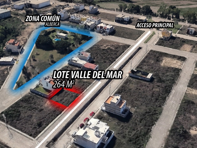 LOTE RESIDENCIAL EN VALLE DEL MAR - VENTA
264 m2 frente a avenida princial - Zona com&uacute;n de Alberca
Presentamos este lote residencial en venta, dentro del fraccionamiento semiprivado Valle del Mar, acceso sobre la Avenida M&eacute;xico, una de las avenidas principales de Puerto Vallarta.&nbsp;
Medidas
16 m. de Frente x 16.5 m. de Fondo
Fraccionamiento Valle del Mar - Semiprivado.
Ubicaci&oacute;n excelente para vivir o invertir para rentar, este fraccionamiento semiprivado, con acceso sobre la Avenida M&eacute;xico, una de las principales de Puerto Vallarta que va de Ixtapa hasta Plaza Caracol. Cuenta con una sola calle de entrada y salida, mas una buena Zona Com&uacute;n de Alberca y zona verde como parque.